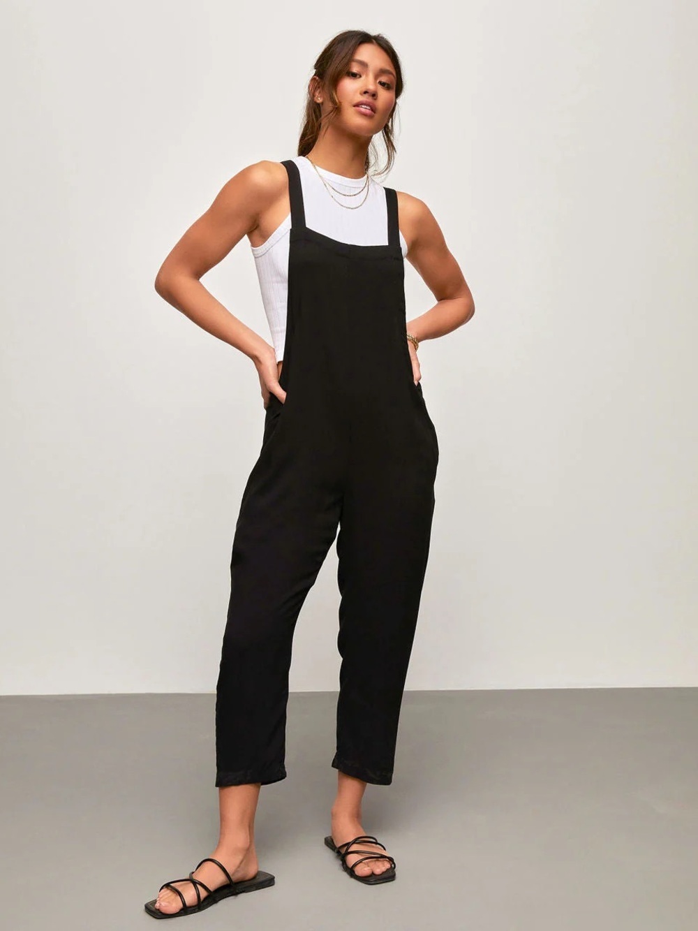 Vici Candace Pocketed Jumpsuit, black, lightweight rayon flowy cropped size L